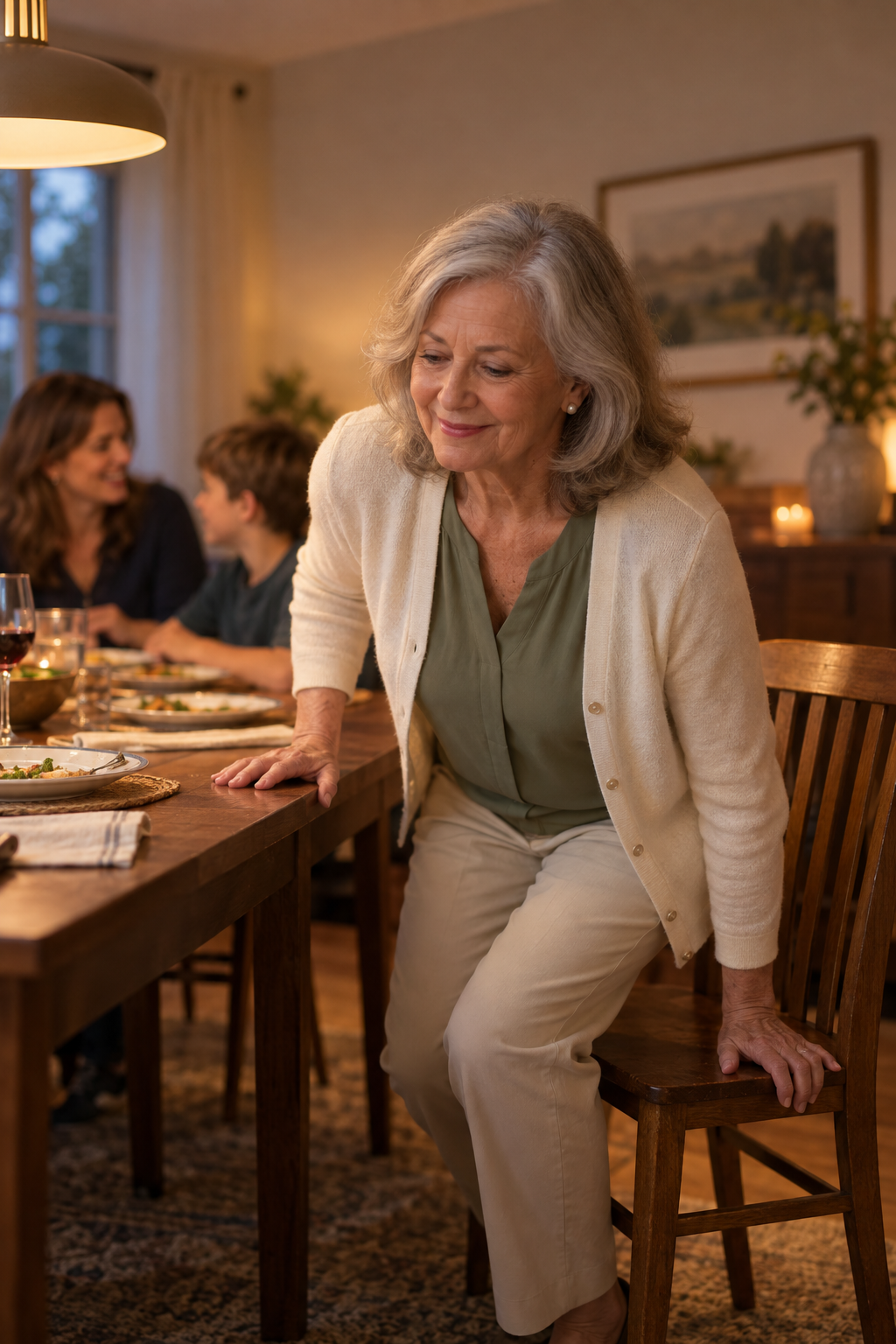 An older woman pushes up from her chair to leave the dinner table early while her family keeps talking
