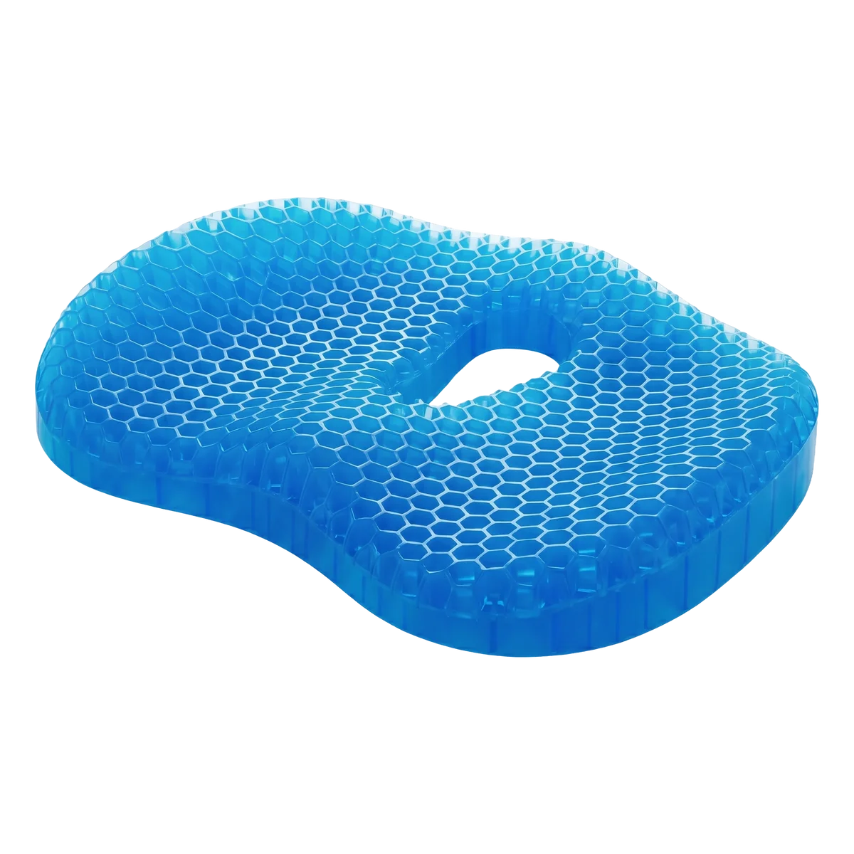 Blue honeycomb gel seat cushion with a tailbone cutout