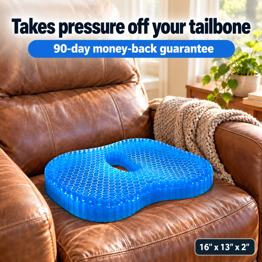 Sniffwoo blue honeycomb gel seat cushion with an oval tailbone cutout on a leather recliner, 16 x 13 x 2 inches, with a 90-day money-back guarantee