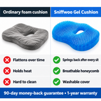 Comparison of an ordinary foam cushion and the Sniffwoo gel cushion, with a 90-day money-back guarantee and 1-year warranty