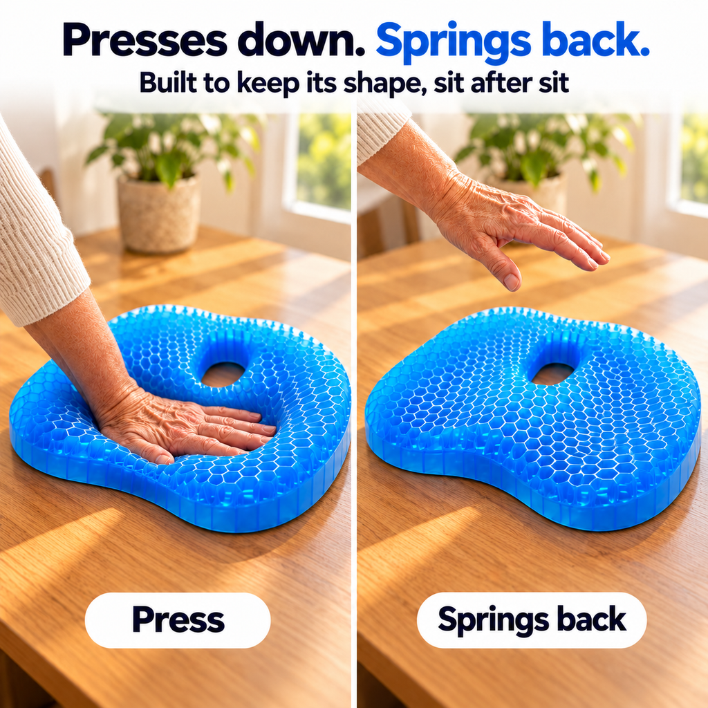 A hand pressing into the gel cushion, then the cushion springing back to its original shape