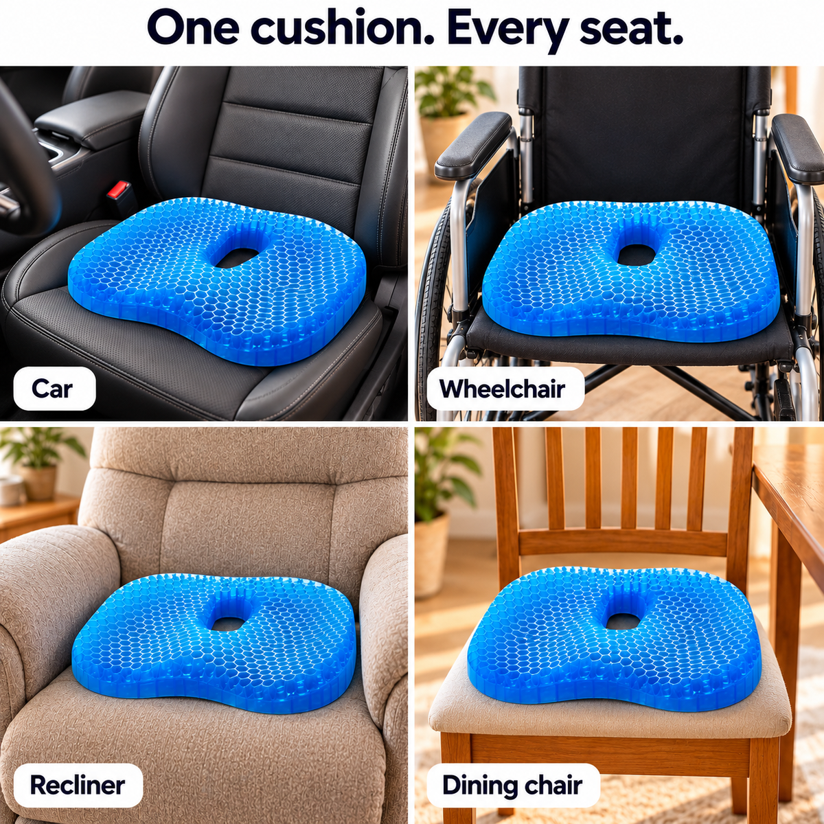 The gel cushion on a car seat, a wheelchair, a recliner and a dining chair
