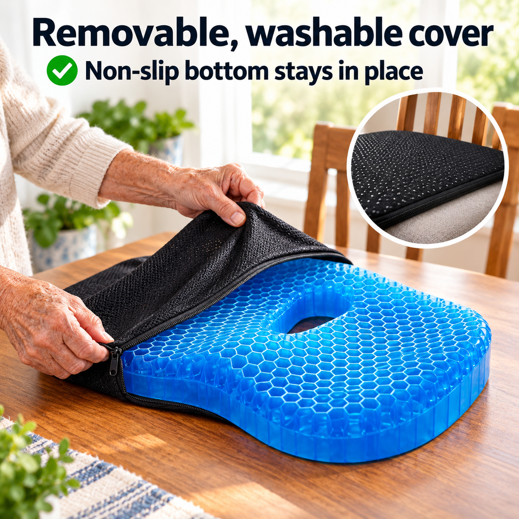 Hands unzipping the removable, washable black cover from the gel cushion, with a non-slip dotted bottom
