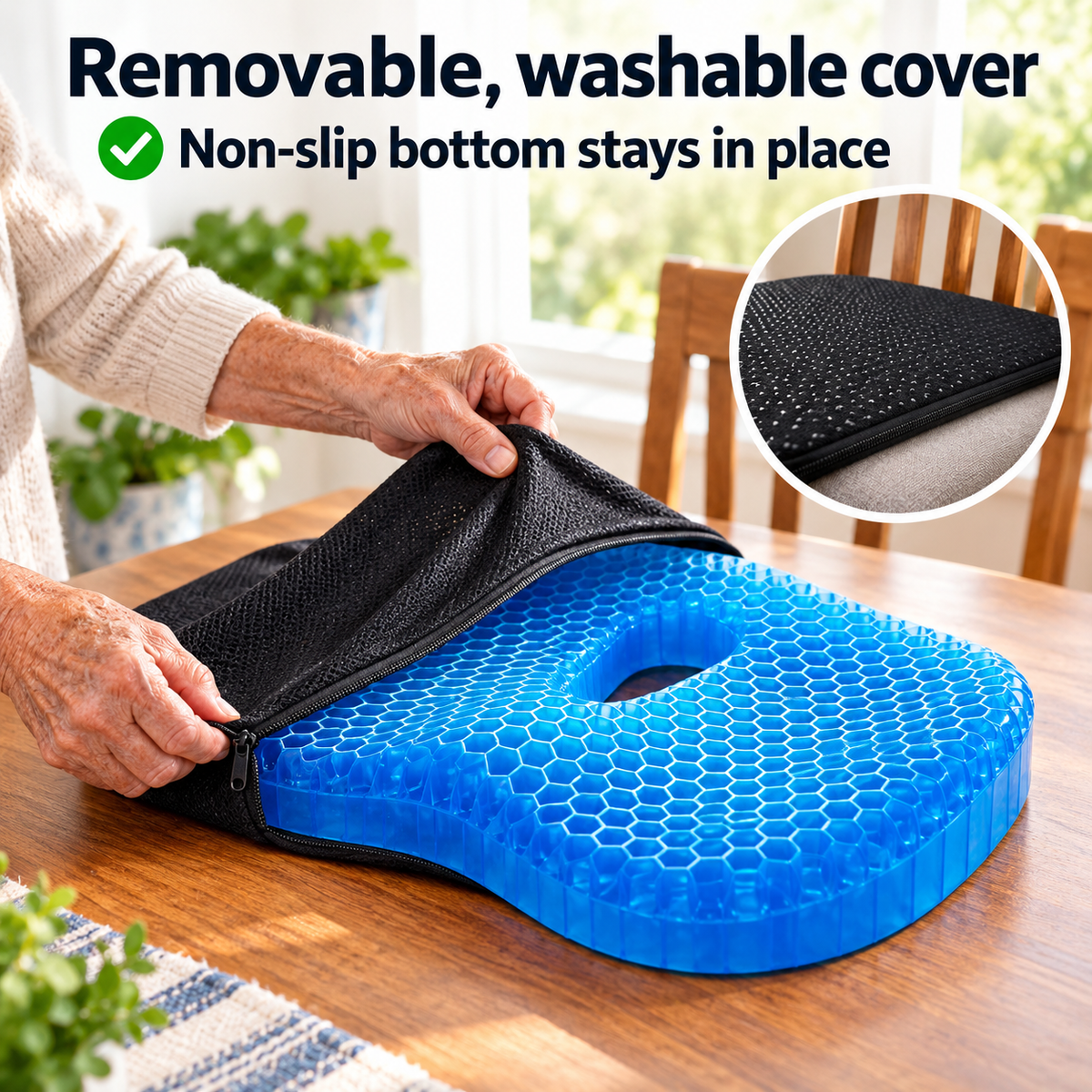 Hands unzipping the removable, washable black cover from the gel cushion, with a non-slip dotted bottom