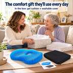 A daughter giving her mother the gel cushion as a gift, with the cushion and washable cover from the box on the table
