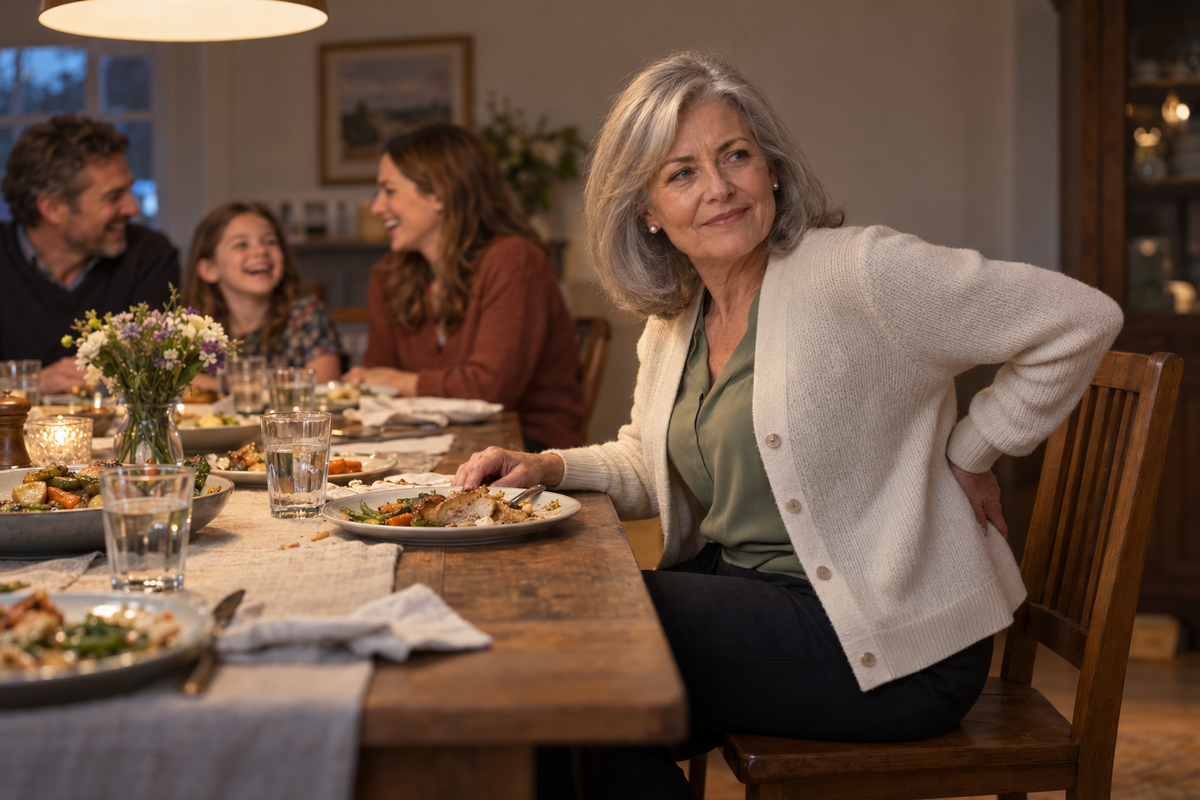 A smiling older woman at a family dinner table rests a hand on her lower back while her family laughs in the background